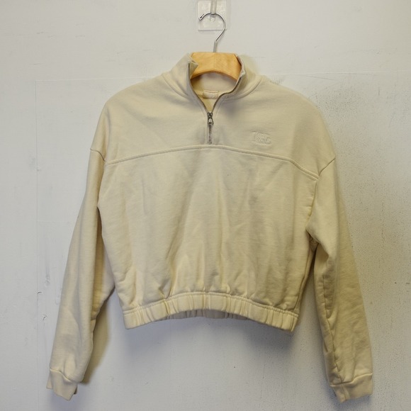 Levis Cropped Sweatshirt Womens XS Cotton  Pullover Crew Neck Zip Beige Nude - Picture 1 of 10